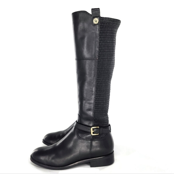 Cole Haan Galina Grand Black Leather Rouched Stretch Panel Tall Riding Boots - Picture 2 of 16